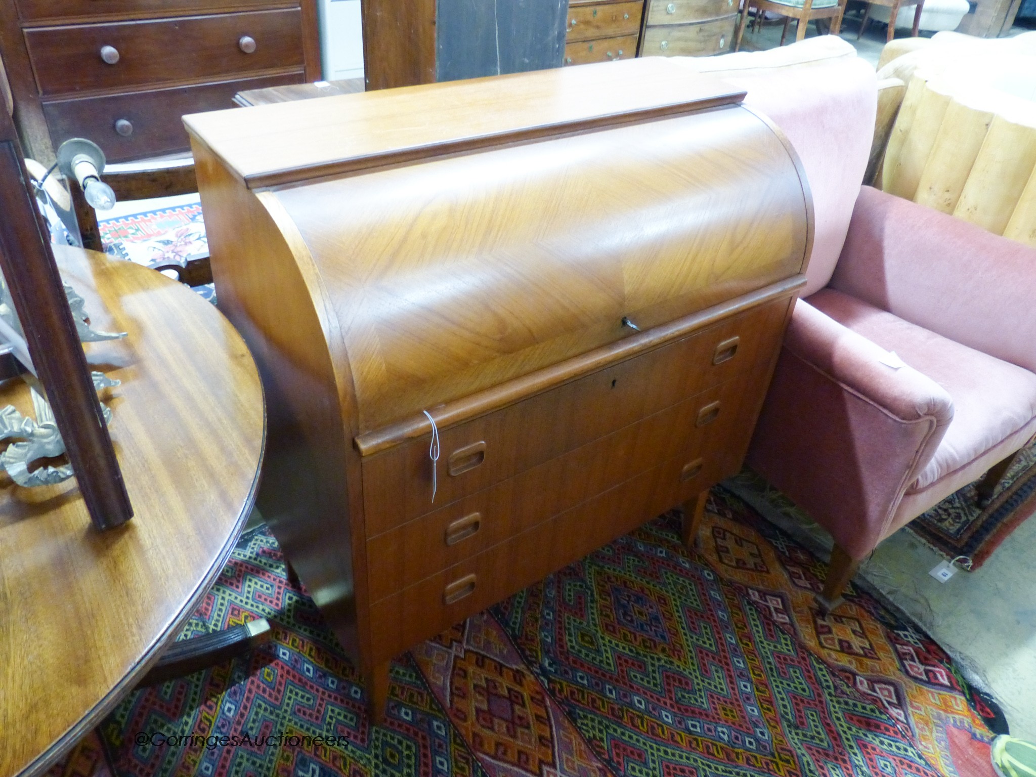 A mid century design teak cylinder bureau, width 90cm, depth 48cm, height 96cm